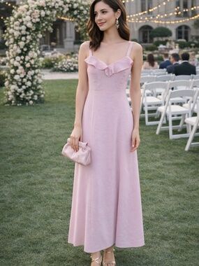 Linen maxi dress size S baby doll/empire waist smocking ruffle wedding guest